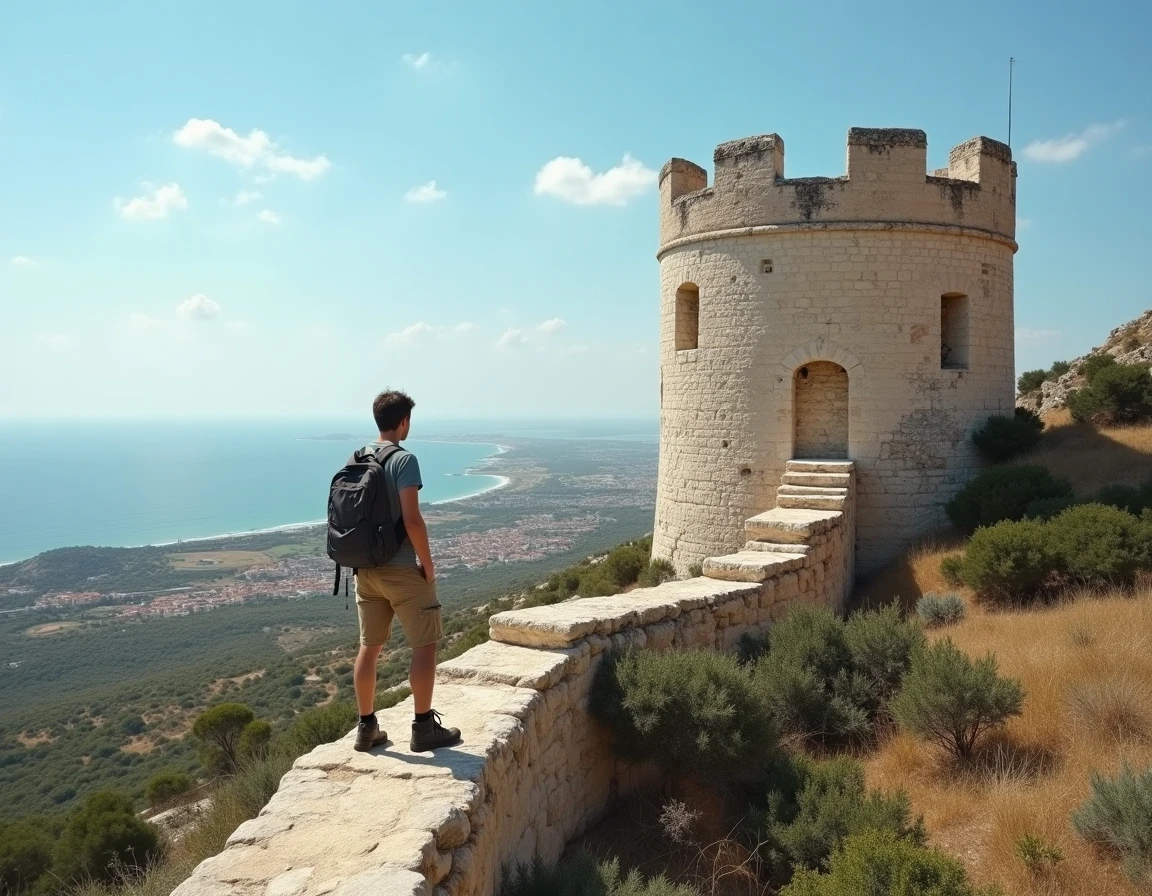 Touriste admirant le panorama sur les étangs et la mer Méditerranée depuis les ruines de la Tour Barberousse à Gruissan