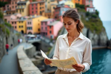 Touriste consultant une carte papier des Cinque Terre dans les ruelles colorées de Vernazza en Italie