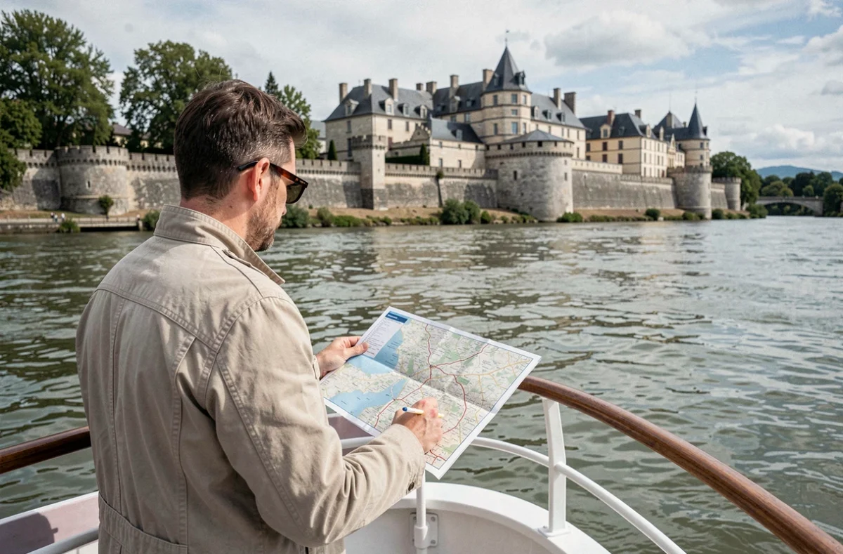 Touriste consultant une carte de la Garonne à la proue d'un bateau de croisière avec vue sur une ville médiévale
