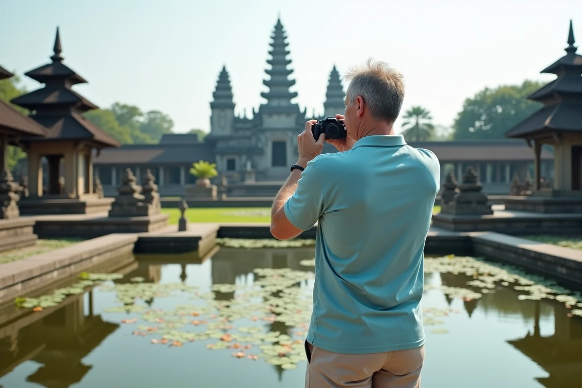 Touriste français photographiant le temple Taman Ayun