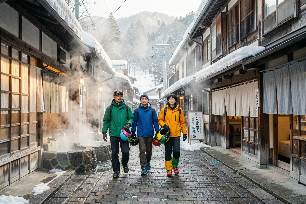 Groupe de touristes en tenue de ski traversant les ruelles enneigées du village traditionnel de Nozawa Onsen
