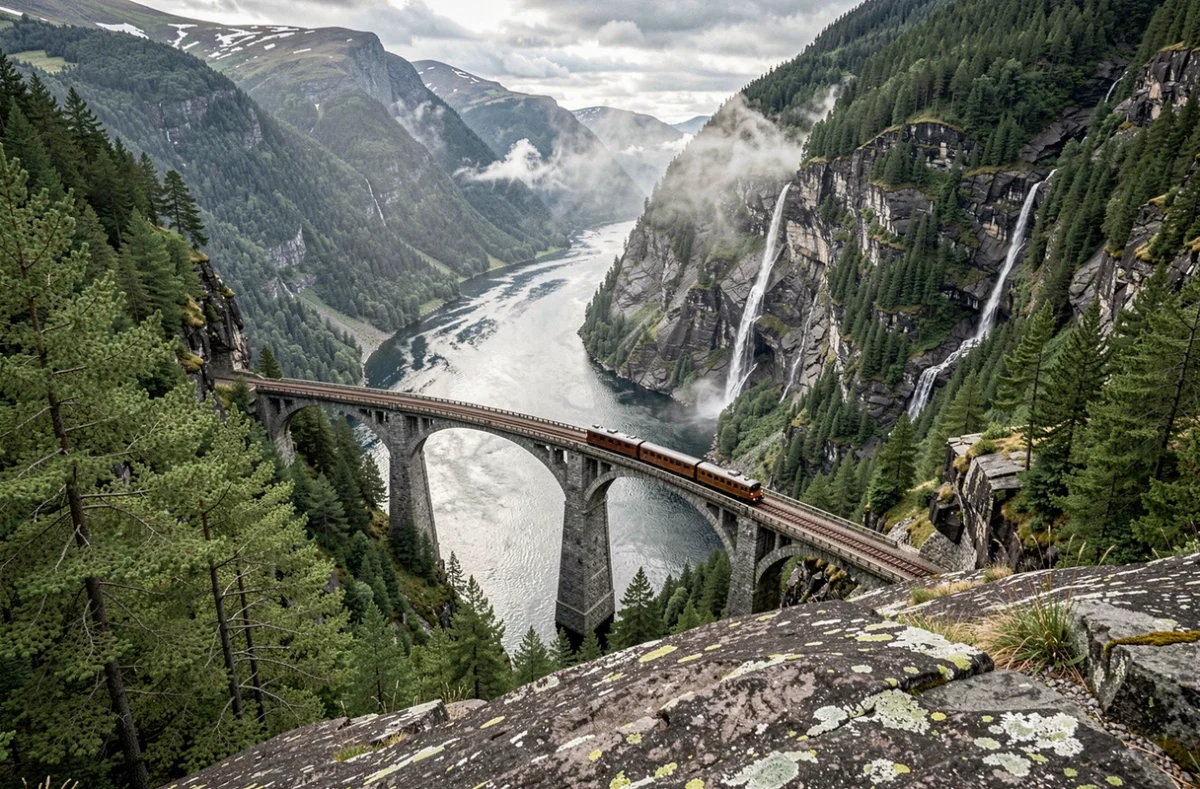 Train du Flåmsbana traversant un viaduc en pierre au-dessus d'une vallée glaciaire et du fjord d'Aurland en Norvège