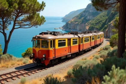 Train régional jaune et rouge longeant la côte entre Île-Rousse et Calvi en Corse avec vue sur la mer turquoise