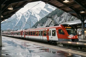 Train NSB sur le quai de la gare de Bergen avec les montagnes enneigées en arrière-plan, Norvège