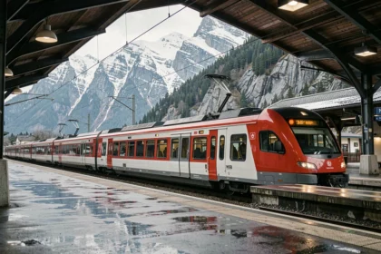 Train NSB sur le quai de la gare de Bergen avec les montagnes enneigées en arrière-plan, Norvège