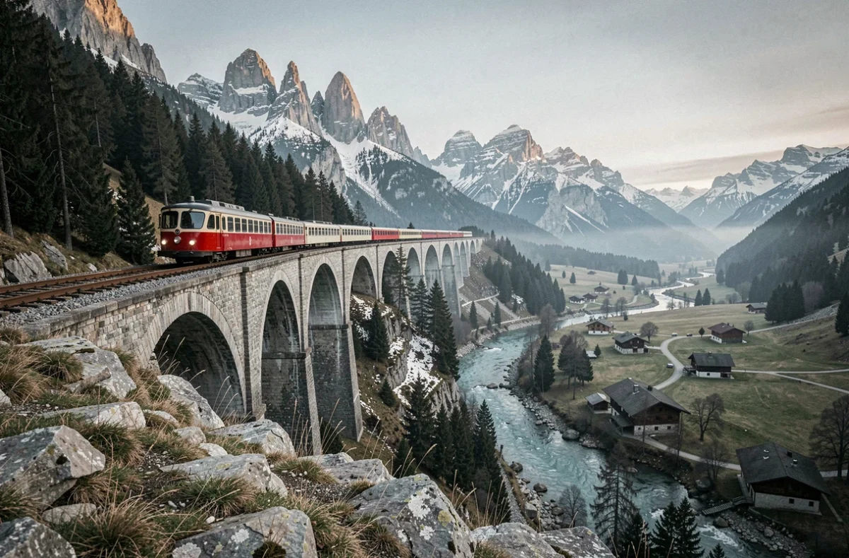 Train panoramique rouge traversant un viaduc en pierre au-dessus d'une vallée alpine suisse en automne