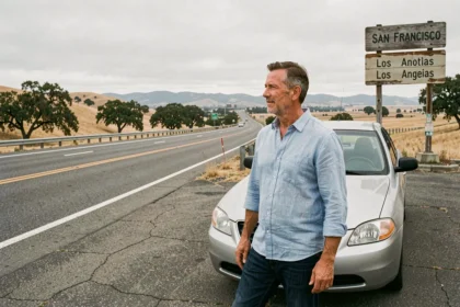 Homme en chemise bleue debout près d'une voiture sur l'Interstate 5 entre Los Angeles et San Francisco, panneau indicateur visible en arrière-plan