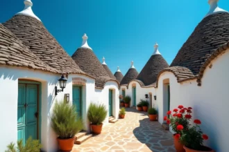 Trulli traditionnels à Alberobello dans les Pouilles, maisons coniques en pierre blanche sous un ciel bleu méditerranéen