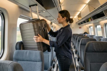 Voyageuse plaçant une valise cabine dans le compartiment à bagages d'un train TGV français