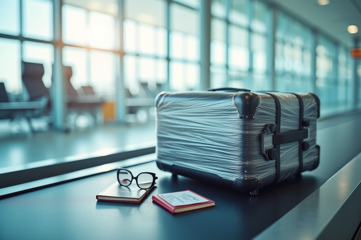 Valise moderne emballée dans du film plastique à l'aéroport