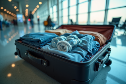 Valise ouverte avec vêtements et bouteilles d'eau pour voyage