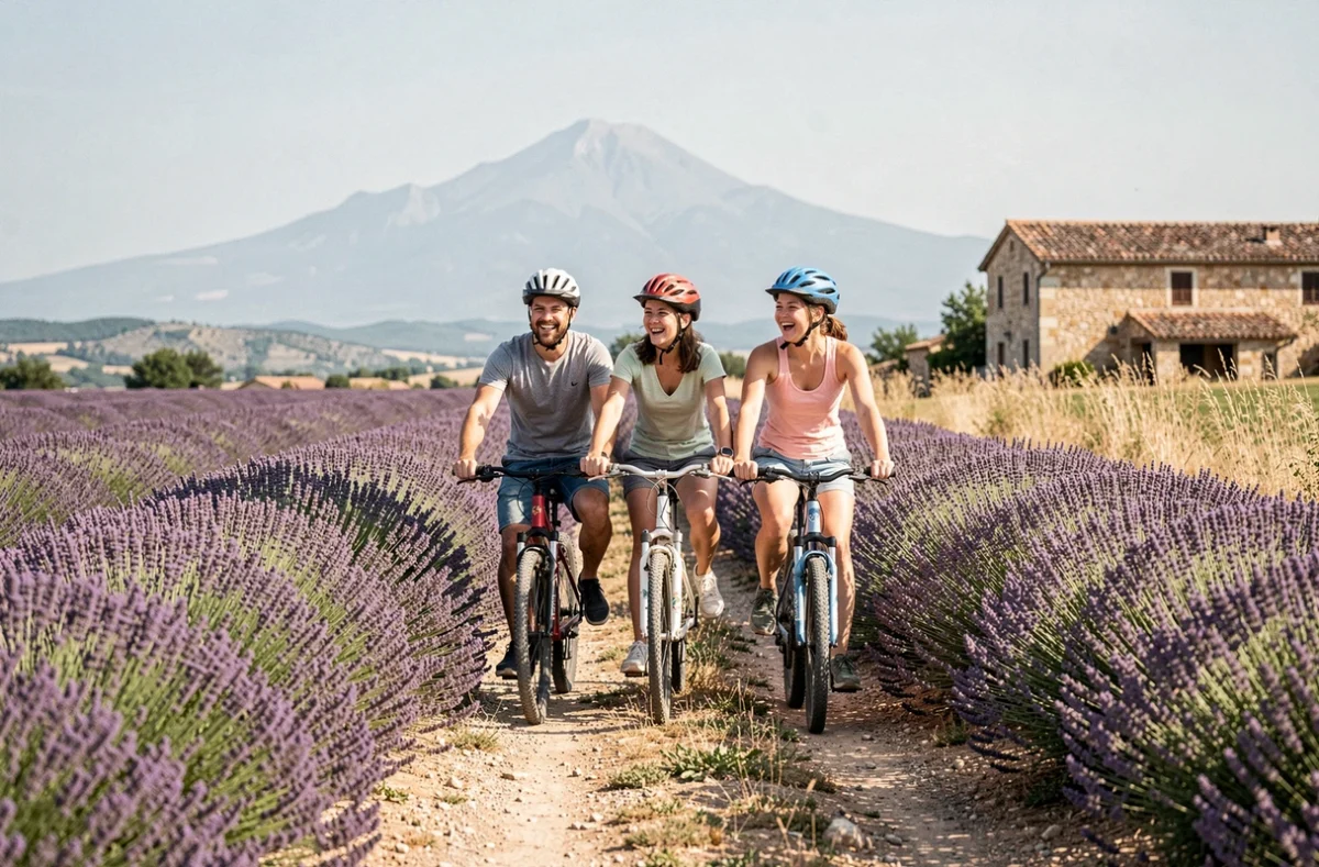 Famille faisant du vélo à travers les champs de lavande en fleurs près de Sault dans le Vaucluse avec le Mont Ventoux en arrière-plan