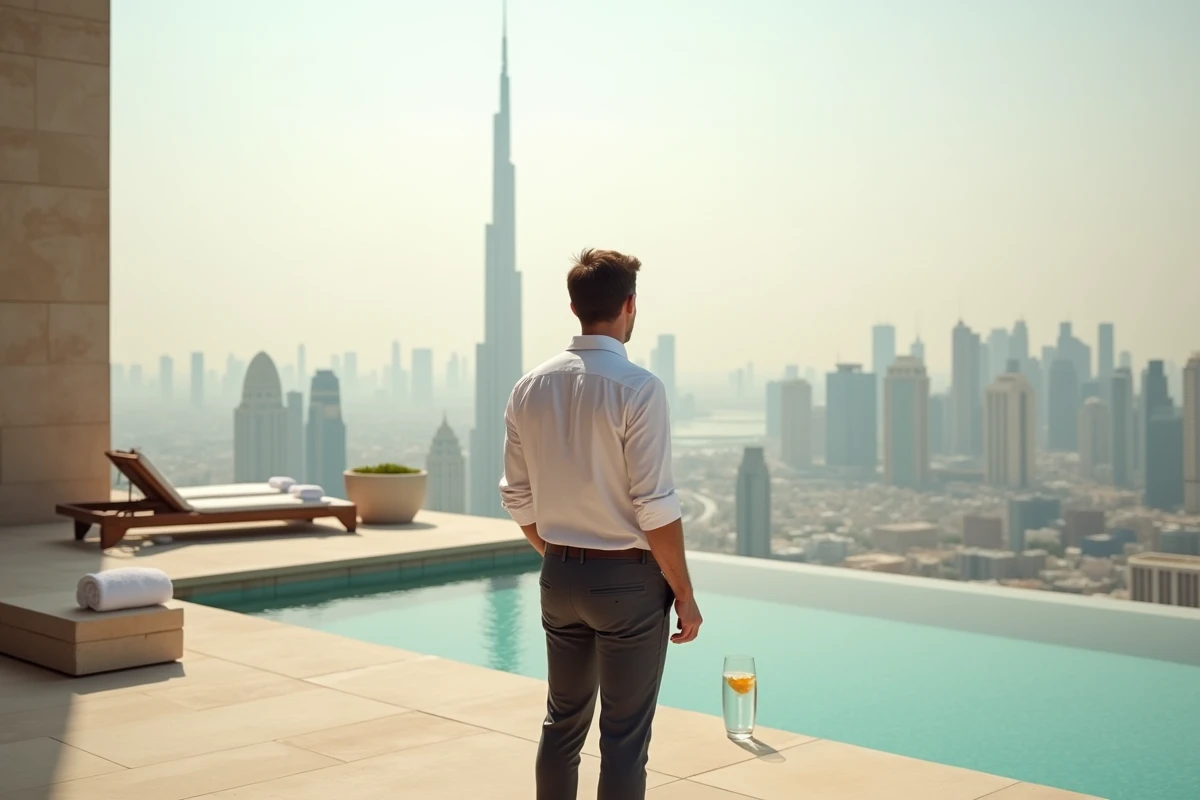Voyageur en séjour premium dans une villa avec piscine privée face au skyline de Dubaï et le Burj Khalifa