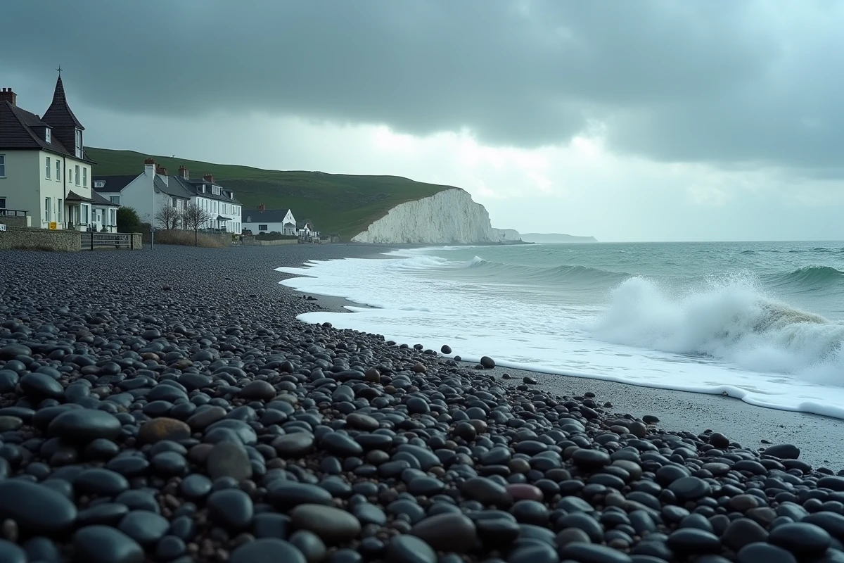 Village d'Ault perché sur les falaises de craie vu depuis la plage de galets pendant une tempête hivernale
