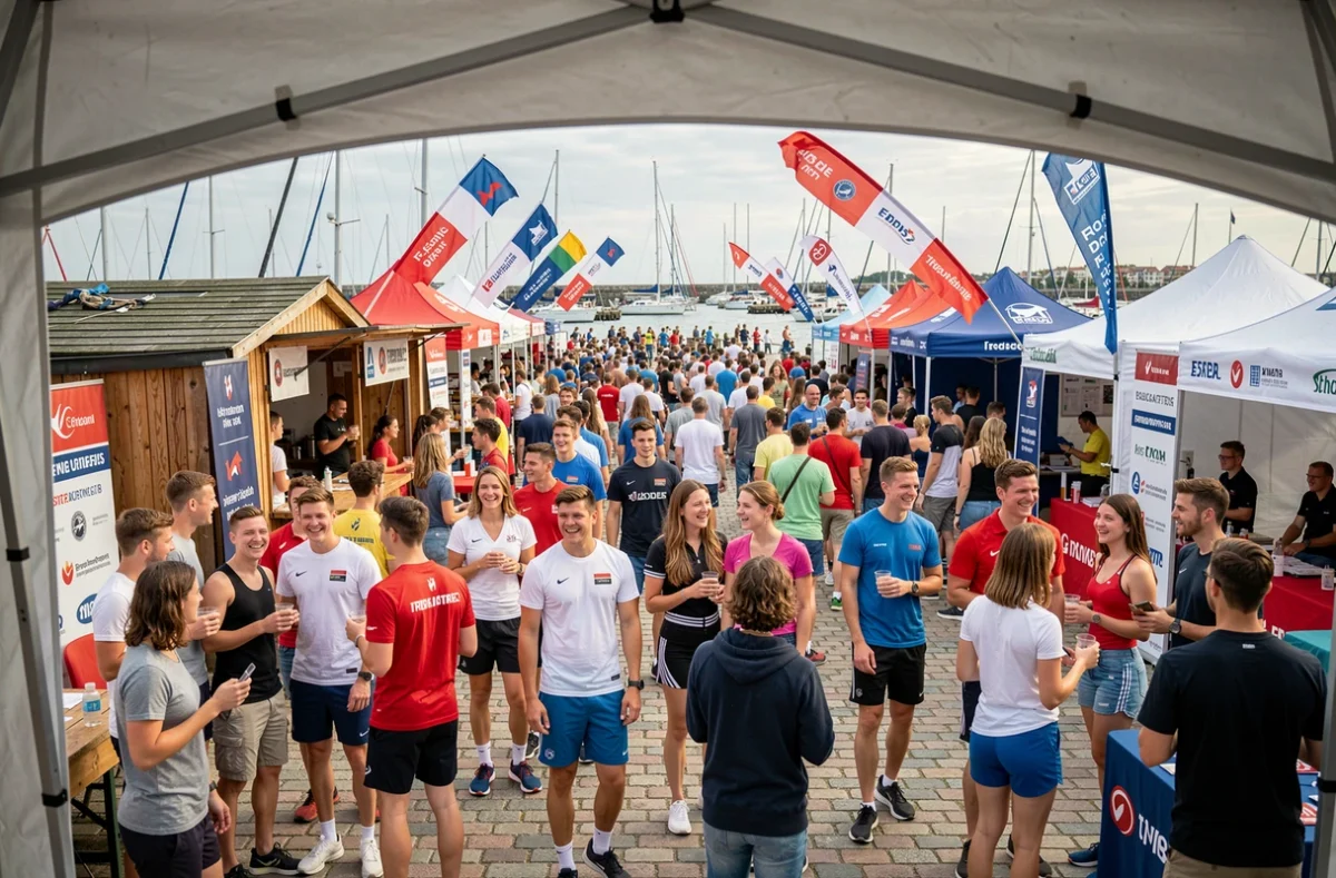 Village animé de la Course Croisière EDHEC sur le quai avec des étudiants et des stands de sponsors
