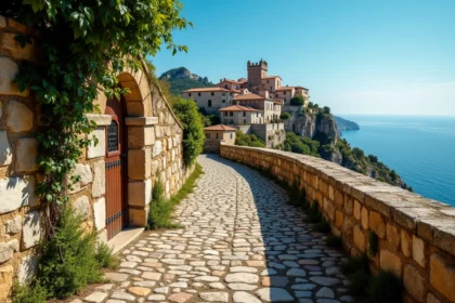 Village médiéval d'Eze perché sur son rocher avec vue sur la Méditerranée depuis un chemin pavé encadré de bougainvillées