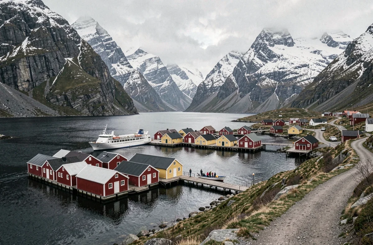 Village de fjord norvégien avec cabanons de bateaux traditionnels et petit navire de croisière ancré dans la baie
