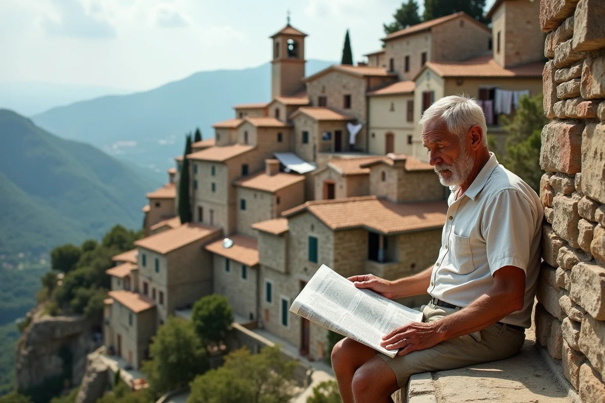 Village de montagne corse traditionnel avec maisons en pierre et clocher, habitant local au premier plan