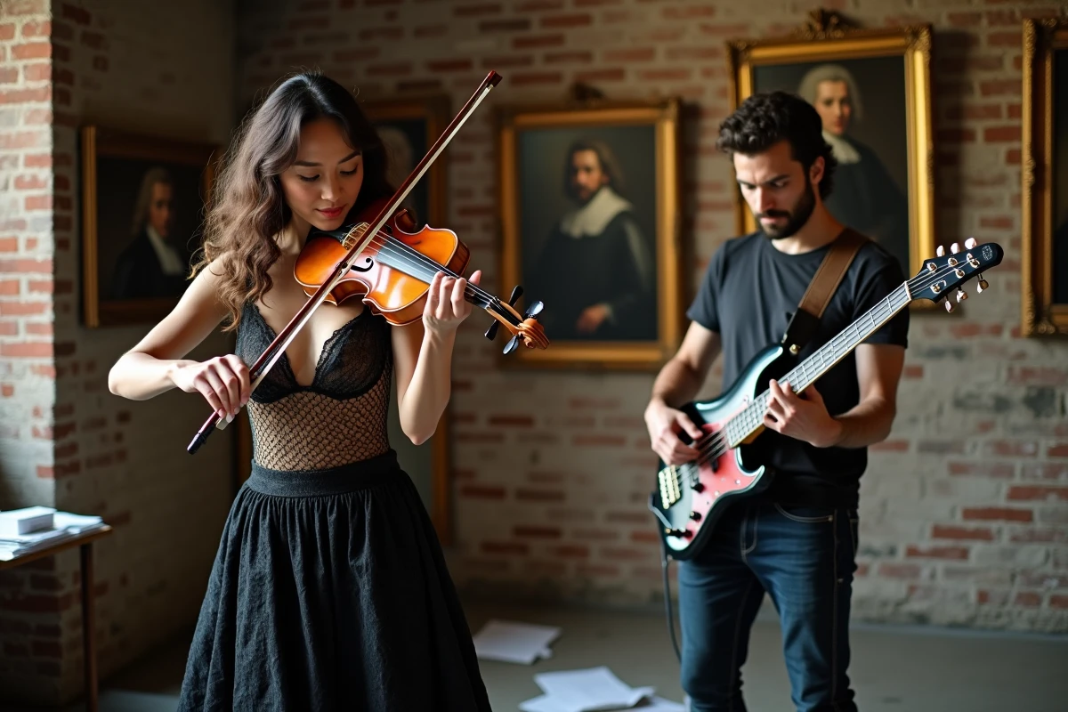 Violoniste et bassiste mêlant esthétique baroque et rock dans un espace de répétition industriel avec tableaux anciens