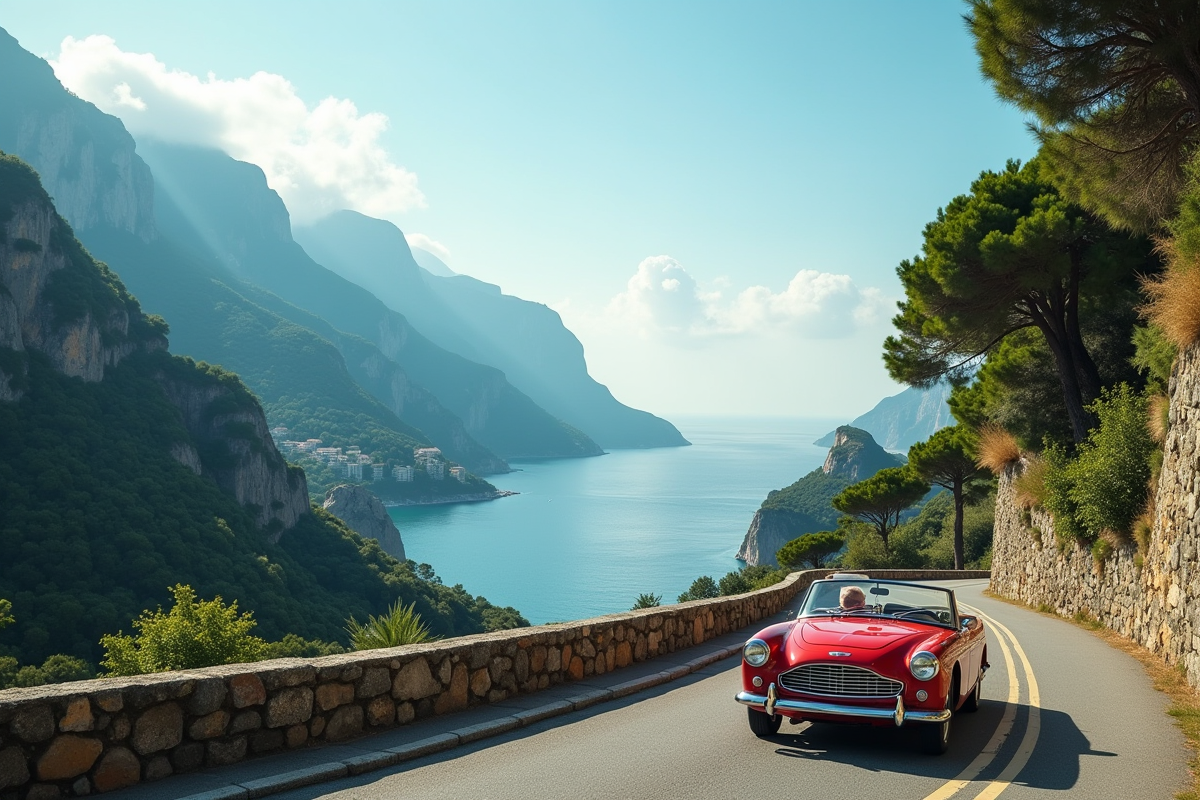 Voiture ancienne décapotable sur la côte amalfitaine en Italie