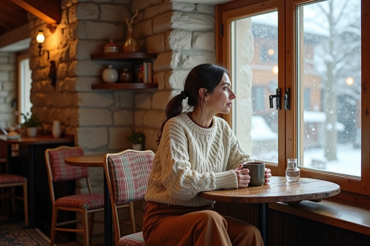 Femme en voyage de noces d'hiver savourant un chocolat chaud dans un chalet alpin chaleureux
