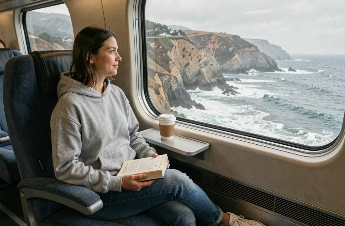 Jeune femme regardant le Pacifique depuis la fenêtre d'un train Amtrak sur le trajet Los Angeles San Francisco le long de la côte californienne