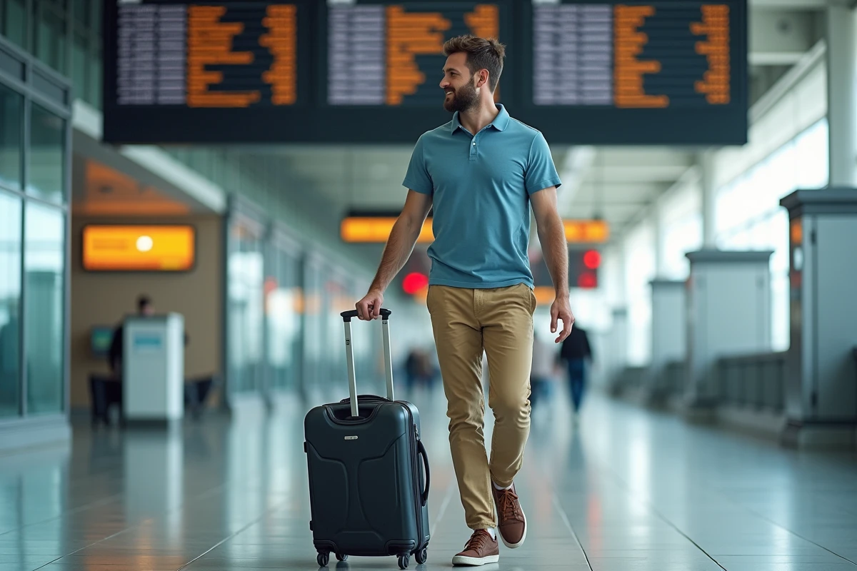 Voyageur avec valise dans le hall de départ de l'aéroport Nantes Atlantique après avoir réservé un voyage dernière minute