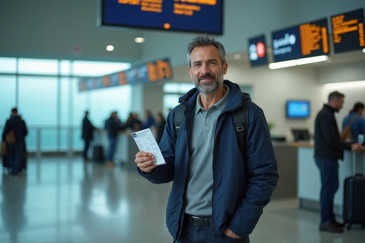 Voyageur à l'aéroport tenant son passeport et sa carte d'embarquement pour un vol vers la Tunisie