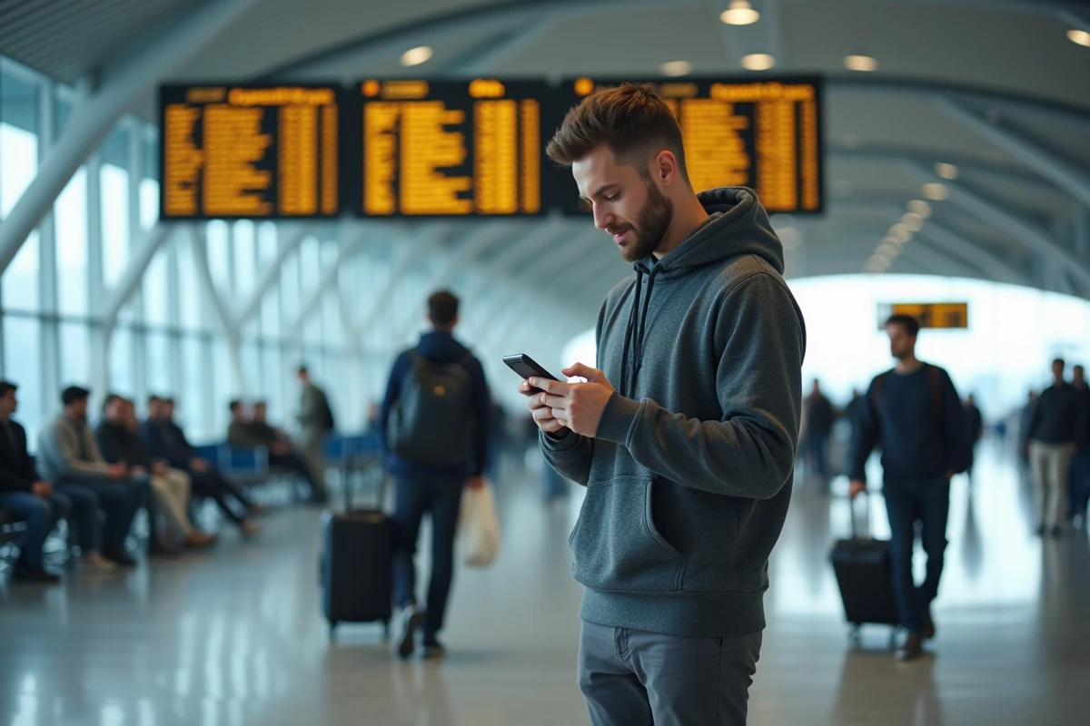 Voyageur consultant une application de vols low cost dans un terminal d'aéroport moderne