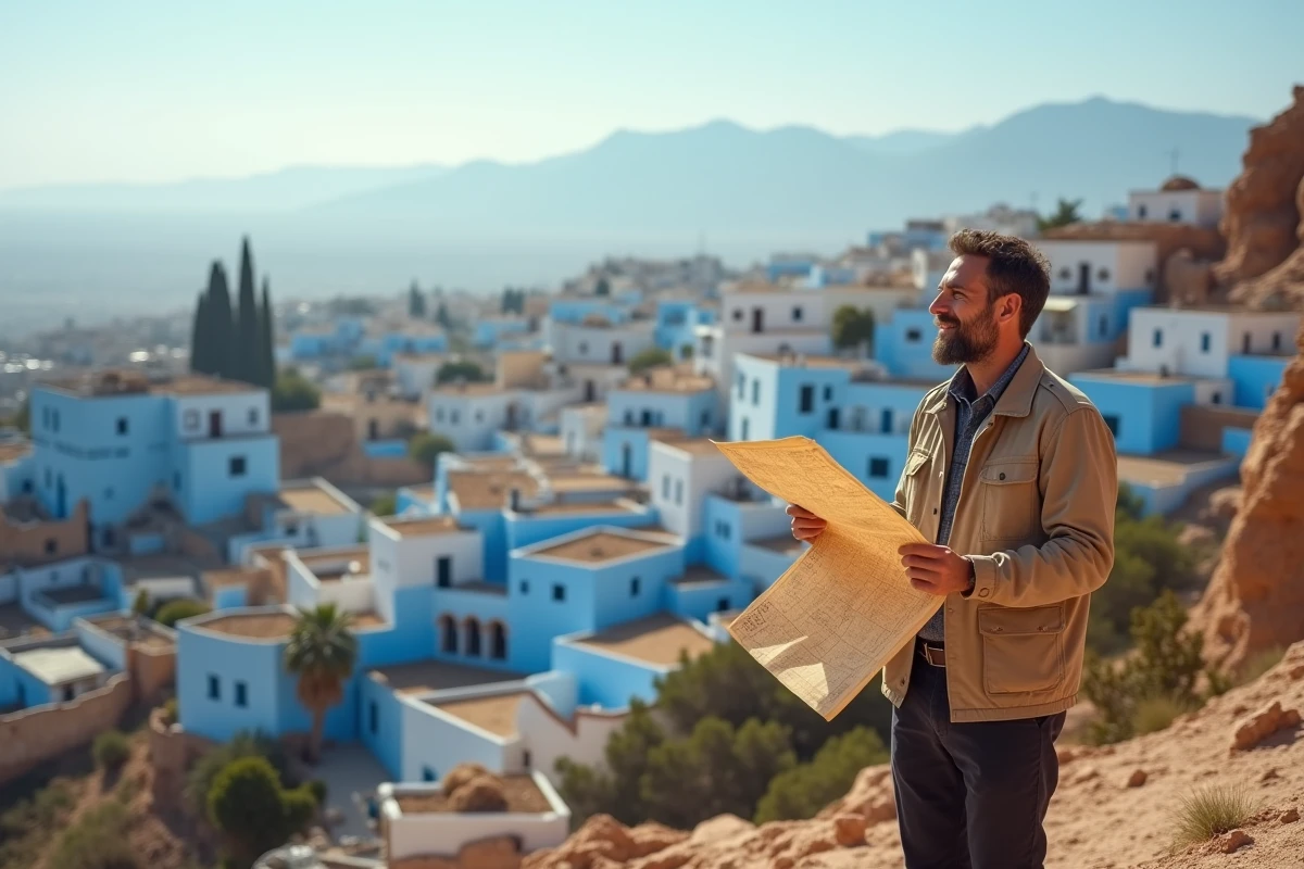 Voyageur avec une carte devant la médina bleue de Chefchaouen et les montagnes du Rif au Maroc
