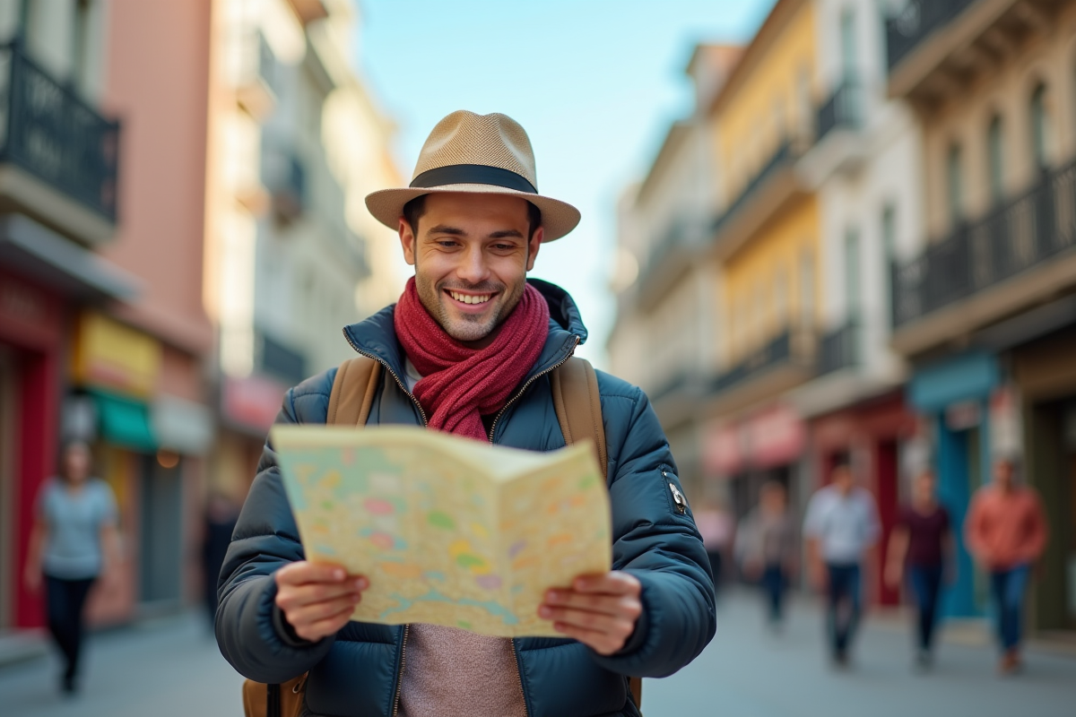Voyageur confiant lisant une carte en ville animée
