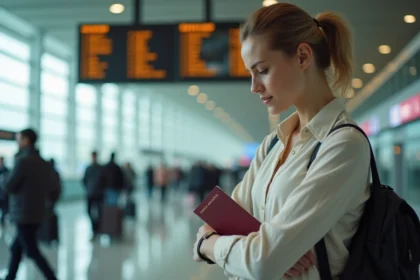 Voyageuse regardant sa montre dans un aéroport avant un vol vers la Martinique