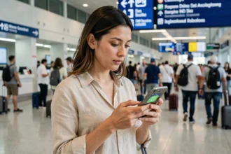 Voyageuse activant une eSIM sur son smartphone dans un aéroport international
