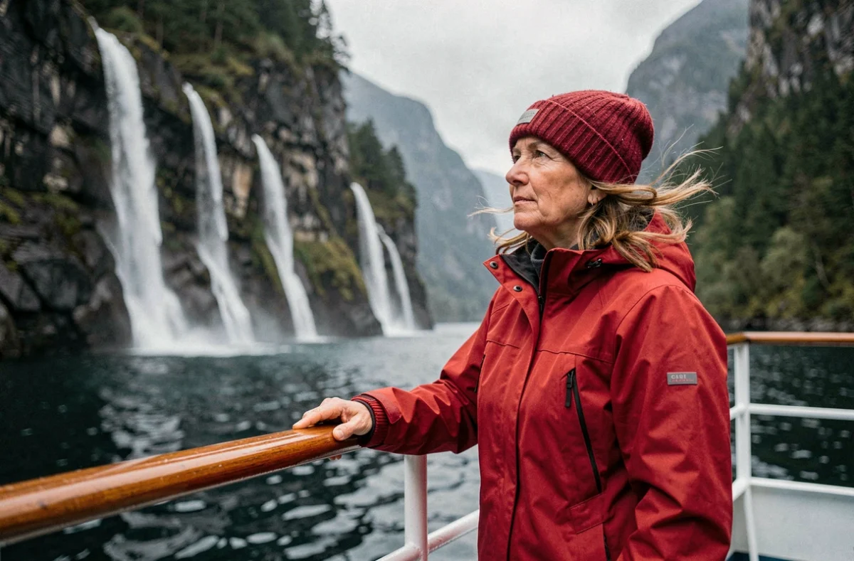 Femme en anorak rouge admirant les cascades d'un fjord norvégien depuis la proue d'un bateau de croisière