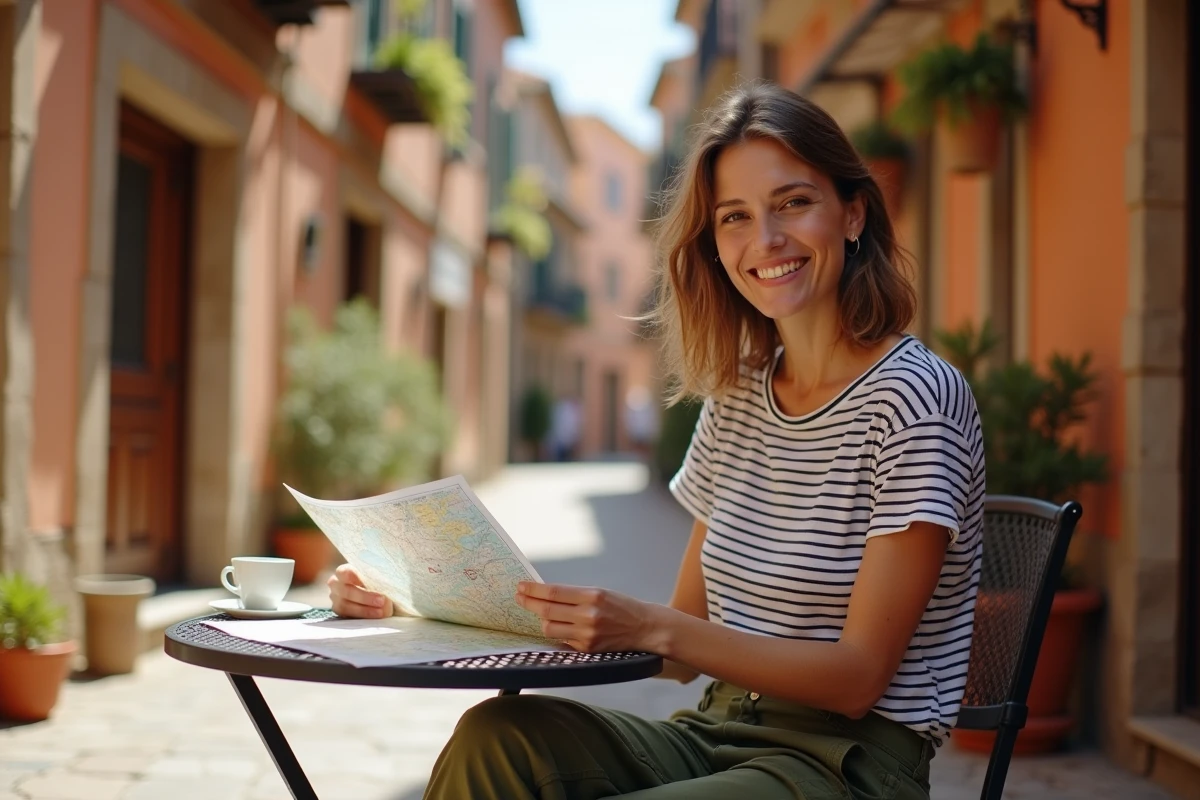 Voyageuse solo planifiant son itinéraire avec une carte en terrasse de café méditerranéen lors d'un voyage économique de dernière minute