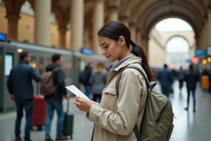 Voyageuse solo en gare européenne consultant un billet de train de dernière minute lors d'un voyage à petit prix