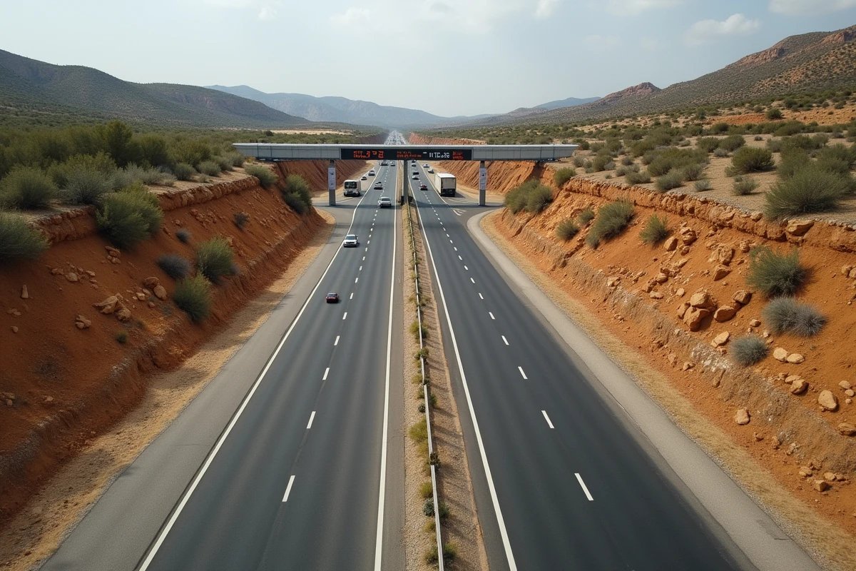 Vue aérienne d'une autoroute à péage espagnole traversant un paysage aride avec portique de péage